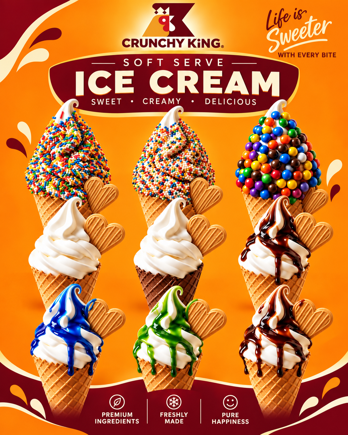 CrunchyKing soft serve ice cream with colourful toppings and sauces