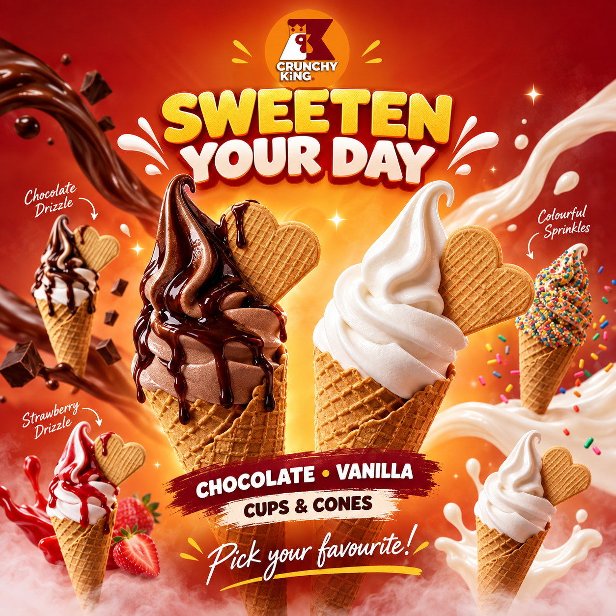 CrunchyKing chocolate and vanilla soft serve in cups and cones