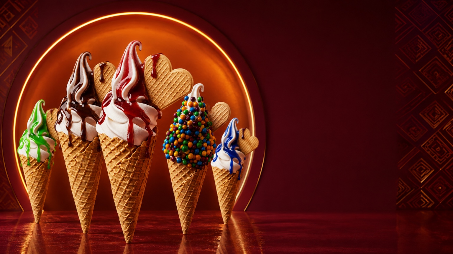 CrunchyKing colourful soft-serve ice creams presented against a royal maroon background