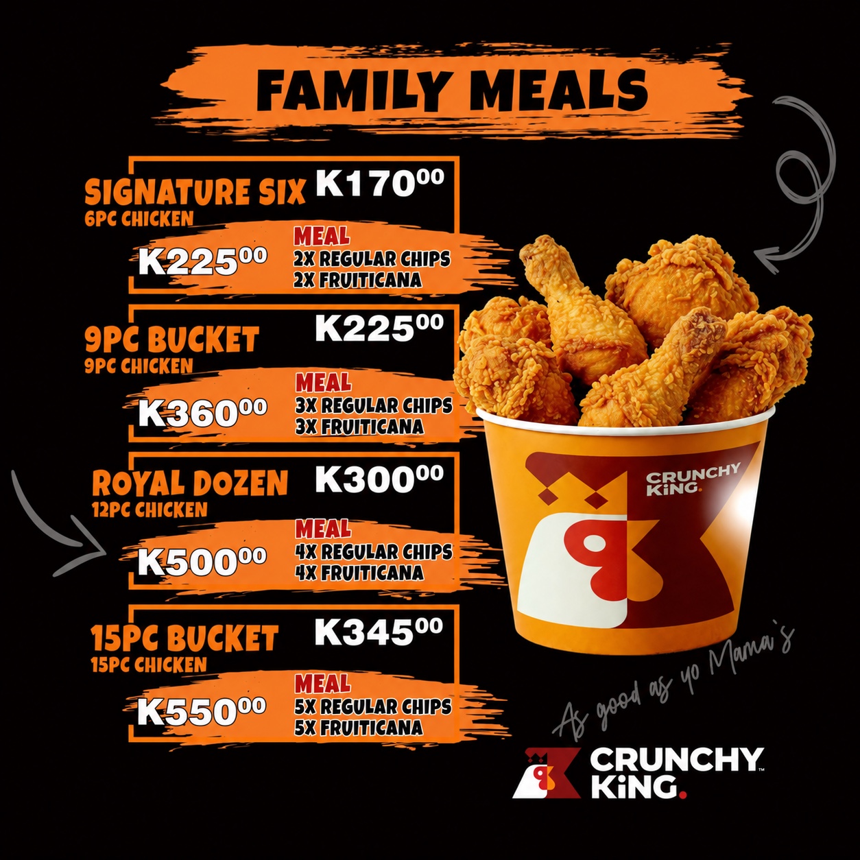 CrunchyKing family meals and chicken buckets menu