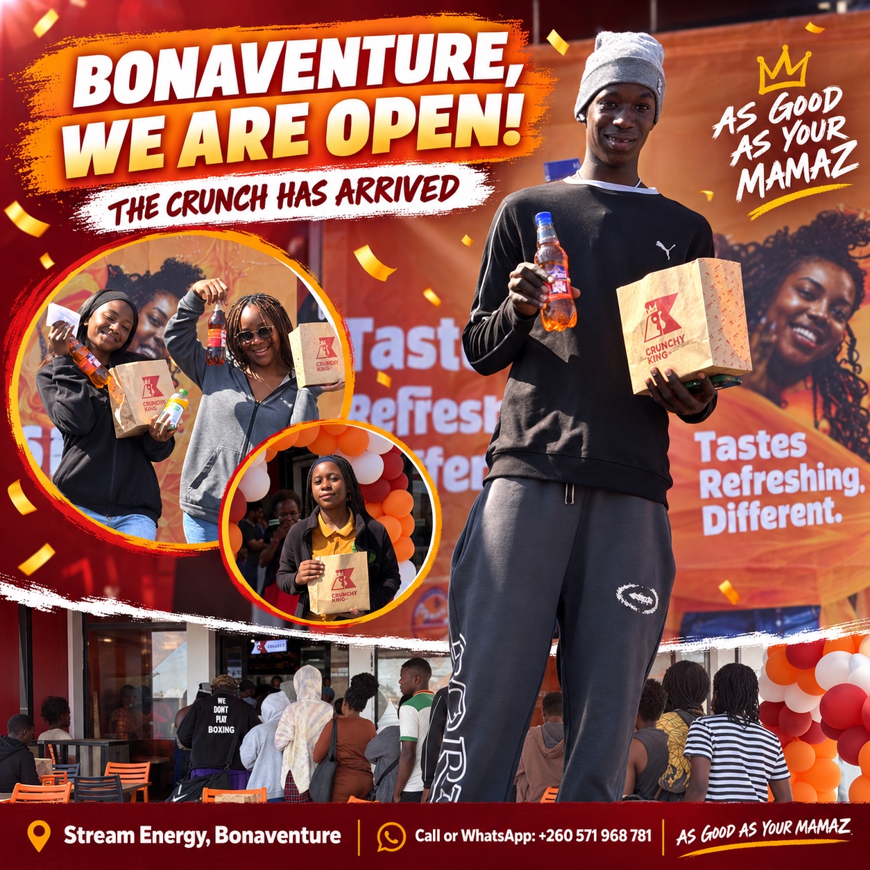 Customers celebrating the opening of CrunchyKing Bonaventure