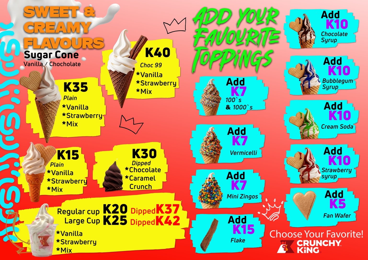 CrunchyKing sweet and creamy flavours menu with cones, cups and toppings