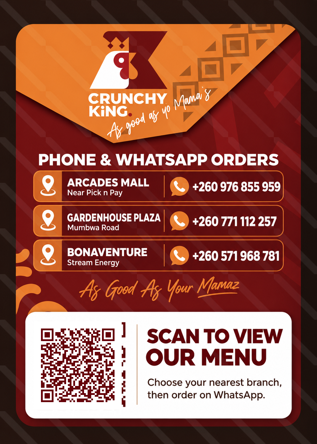 CrunchyKing phone and WhatsApp ordering lines for Arcades, Gardenhouse and Bonaventure with a QR code to view the menu